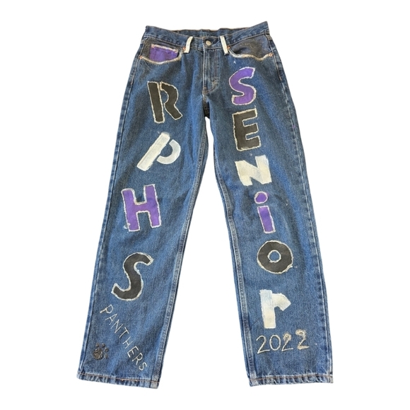 Levi's Strauss Girls Blue Jeans  32×30 Hand Painted Senior Panthers  Art To Wear - Picture 1 of 13
